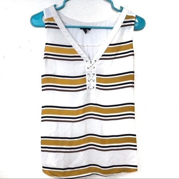 Express White Yellow Striped Lace Up Tank Top - Picture 1 of 5